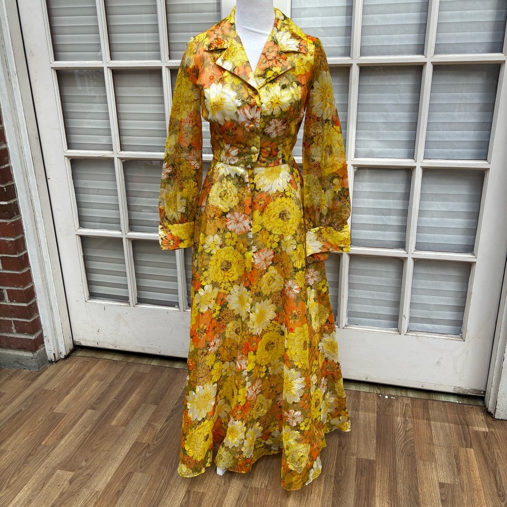 Vtg 60s 70s Yellow Floral Chiffon‎ Hostess golden harvest Maxi Dress S